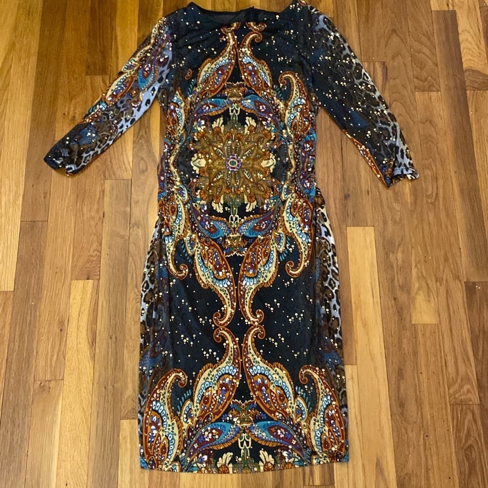 Joseph Ribkoff Women’s Black and Orange Printed Sequin Dress Size 14